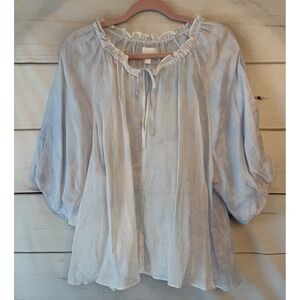 Every Light Blue 100% Ramie Ruffle Neck Balloon Sleeve Peasant Blouse Large
